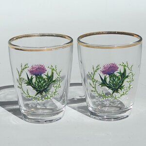 BEAUTIFUL Milk Thistle Shot Glasses Pair Gold Rimmed Bulb Glass Flowering Herb